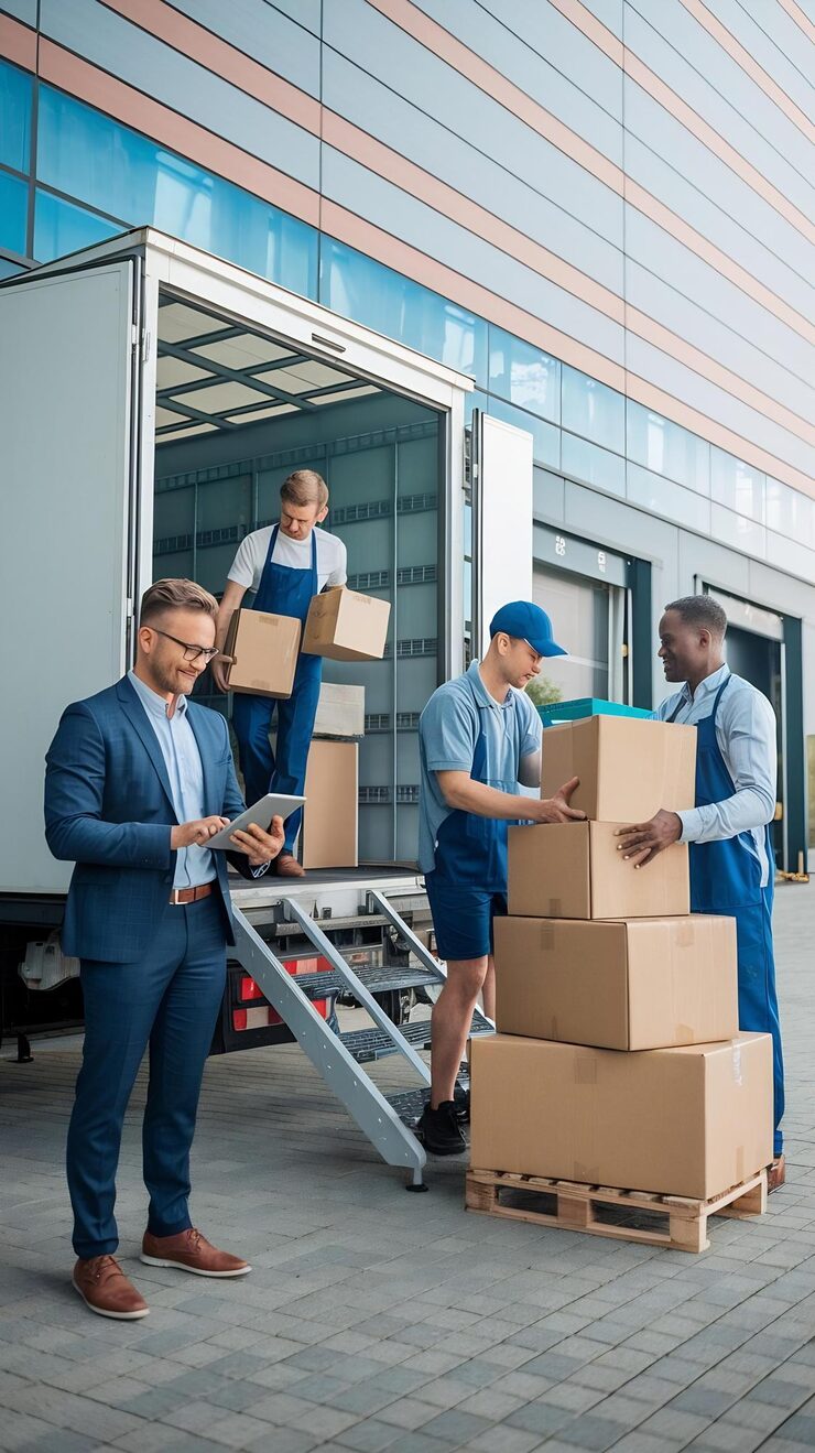outside logistics distributions warehouse with manager using tablet computer diverse workers lo