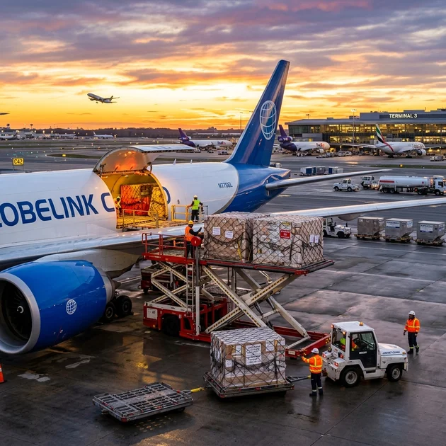 A modern cargo airplane loading international cargo shipments at Dubai airport.